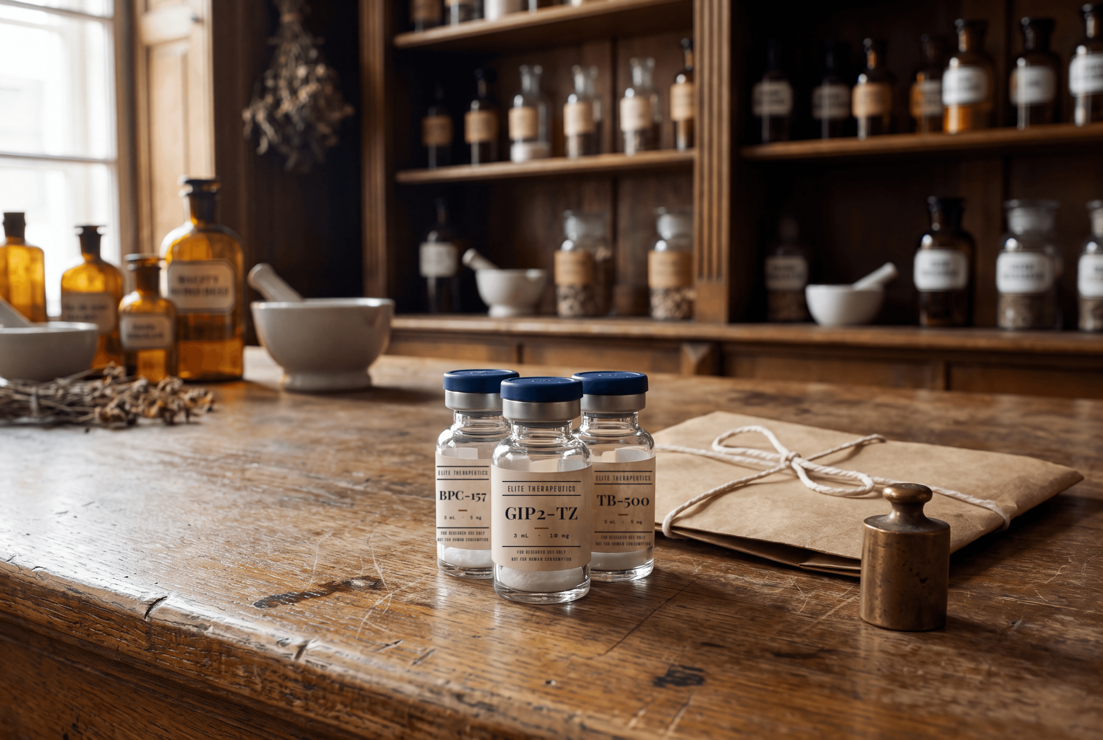 Three sealed Elite Therapeutics vials on an apothecary counter beside a parcel wrapped in paper and tied with string.